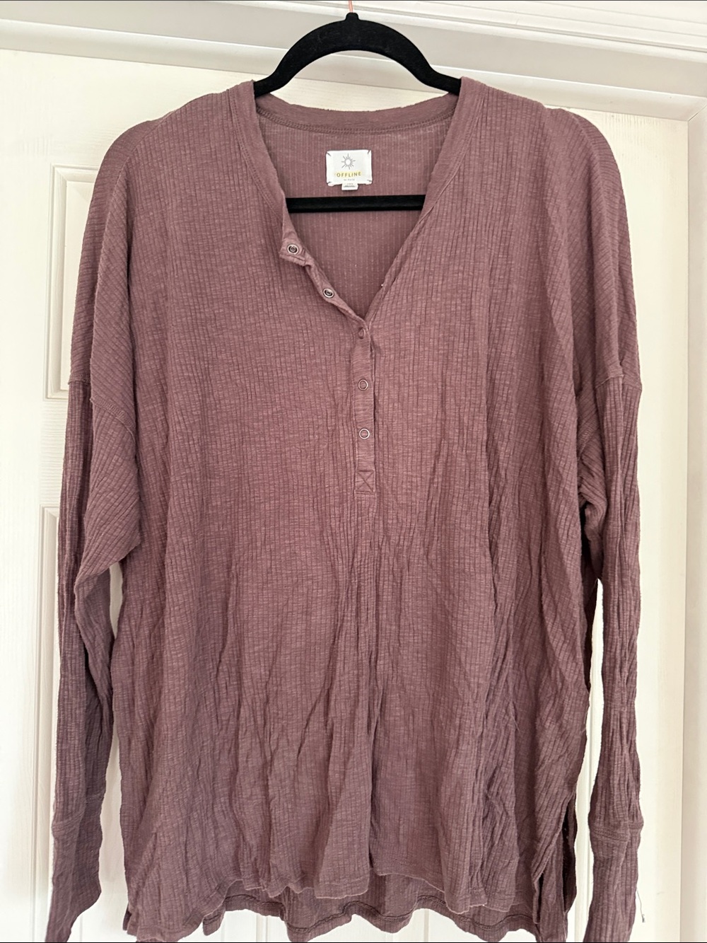 aerie Long-Sleeve Ribbed Henley Top - Mauve Pink